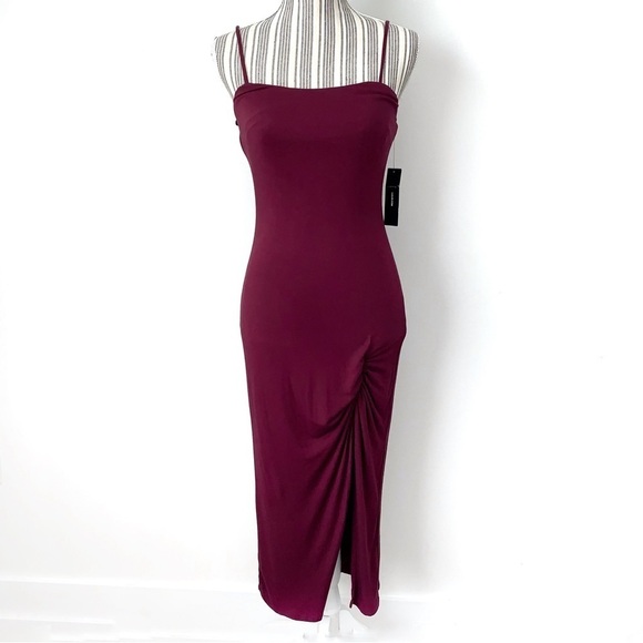 Lulus Everything To Me Event Dress NEW Womens Small Burgundy Ruched Slit Midi - Picture 2 of 14